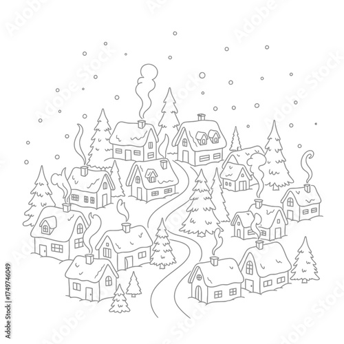 A charming illustration depicts a quaint winter village scene with snow falling, featuring cozy houses and evergreen trees.