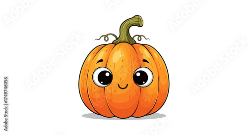 A cute cartoon pumpkin with big eyes and a smile is happy to celebrate Halloween traditions.