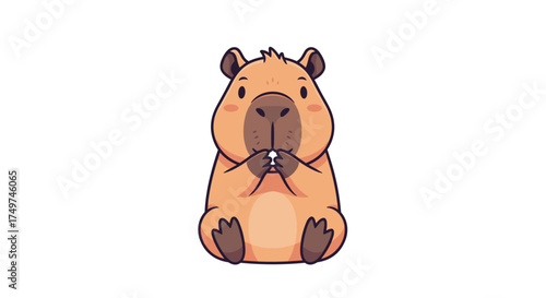 A cute cartoon capybara sits calmly with its paws clasped together in anticipation.