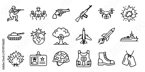 military, combat, soldier, army, war, weapon, vehicle, tank, airplane, rocket, ship, drone, explosion, nuclear, helmet, vest, boot, dog tags, badge, icon, symbol, graphic, design, outline, line art