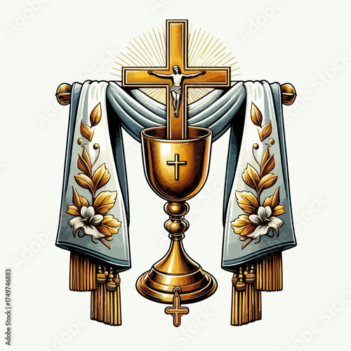 A golden crucifix with Jesus Christ stands over a chalice, draped with an ornate banner, symbolizing the Eucharist.