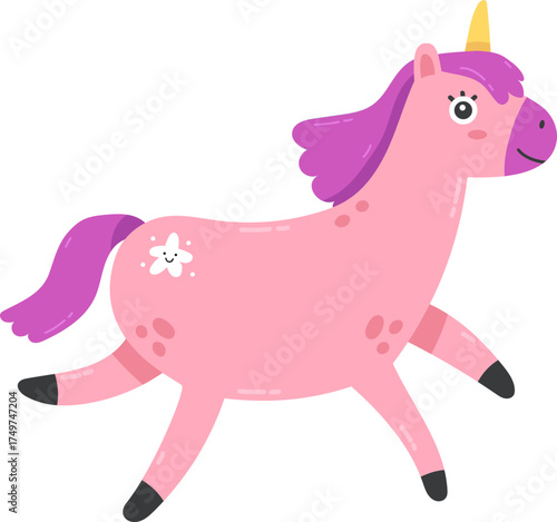 Cute pink unicorn running cartoon illustration