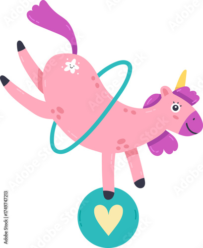 Unicorn balancing on ball playing hula hoop