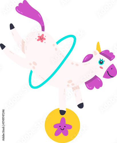 Unicorn balancing on a ball juggling a hula hoop