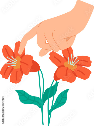 Hand gently touching red flowers illustration