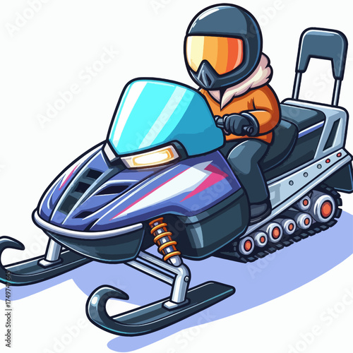 A cartoon illustration of a person riding a snowmobile through a snowy landscape.