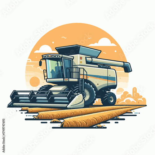 A combine harvester is depicted in a field, harvesting crops under a warm, stylized sun.
