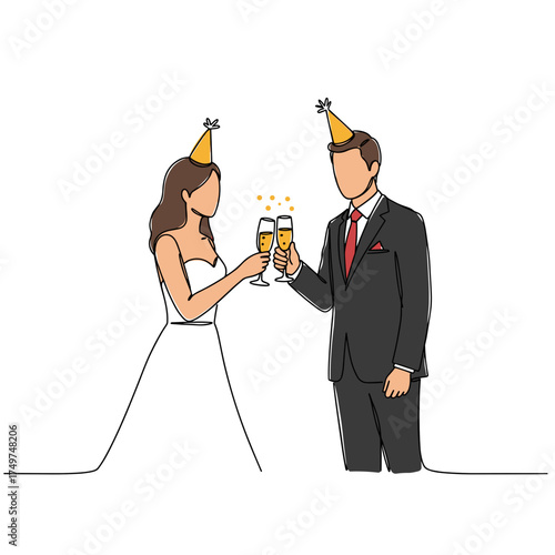 Couple celebrating and toasting with champagne in wedding attire  