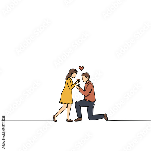 Young couple getting engaged in park with love symbol above them  