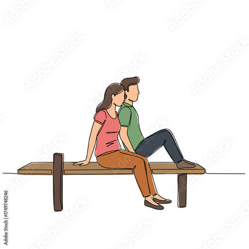 Couple sitting together on bench in casual clothing 