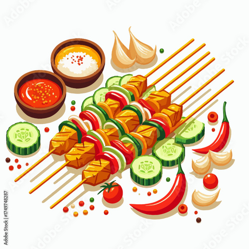 An overhead view of several colorful grilled skewers with chicken, bell peppers, onions, and cucumbers, served with two dipping sauces, fresh garlic, and red chilies on a white background.