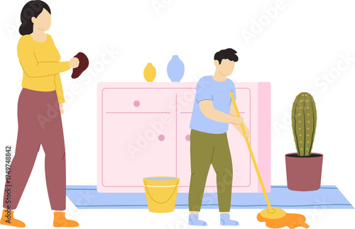 Couple performing household chores cleaning home together