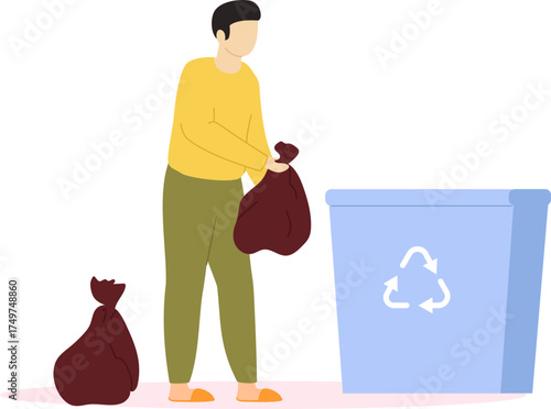 Man putting garbage bag into recycling bin for waste sorting