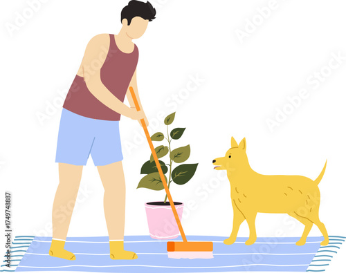 Man sweeping floor with dog watching