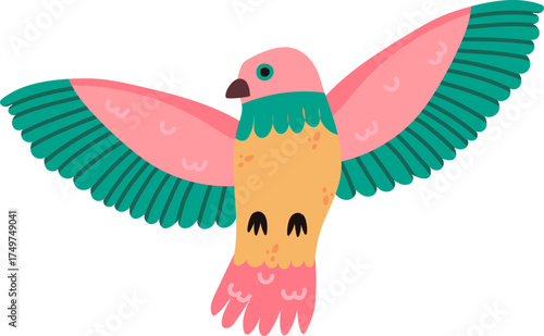 Colorful bird flying with opened wings illustration