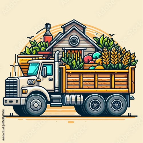 Illustration of a large farm truck overflowing with a bountiful harvest of crops, fruits, and a barn.
