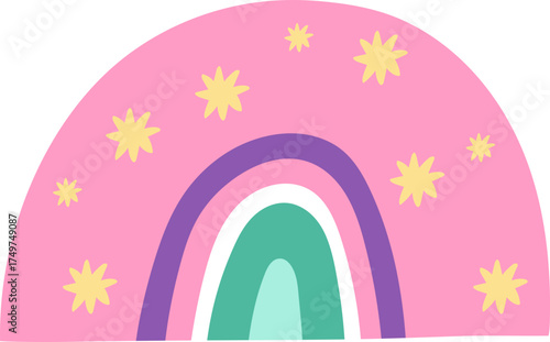 Pink rainbow arch with colorful stripes and stars