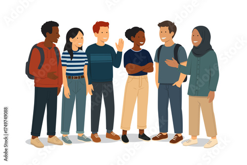 illustration vectorielle représentant un groupe de jeunes adultes, étudiants ou lycéens, d'origines et d'ethnies différentes qui discutent entre eux. Symbole de la diversité et de la tolérance