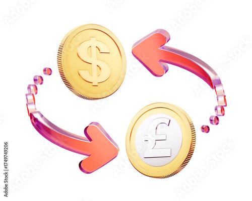 Trading of a pair of currencies: the US dollar and the UK pound sterling. 3D rendered graphic illustration isolated on a transparent background and themed around the Forex Market.