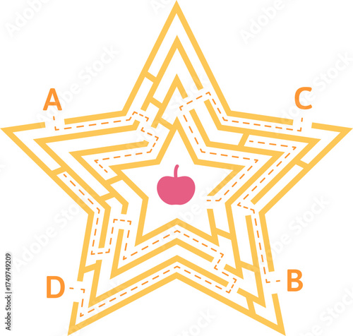 Star shape maze game with path to red apple