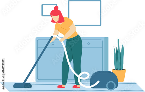 Woman vacuuming carpet doing household chores