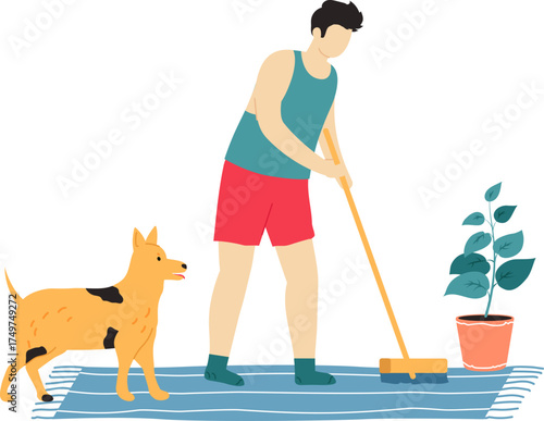 Man sweeping floor with broom beside dog and plant