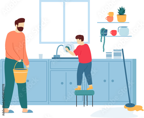 Father and son doing kitchen chores together