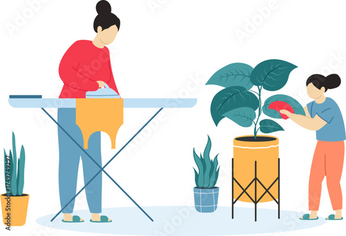 Women doing household chores, ironing clothes, and caring for plants