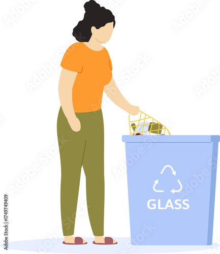 Woman recycling glass waste into blue bin