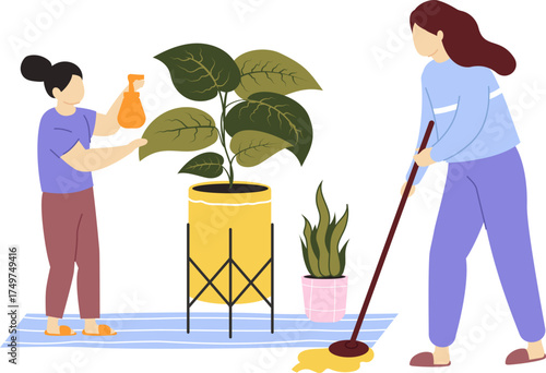 Women cleaning house, watering plants, and mopping floor