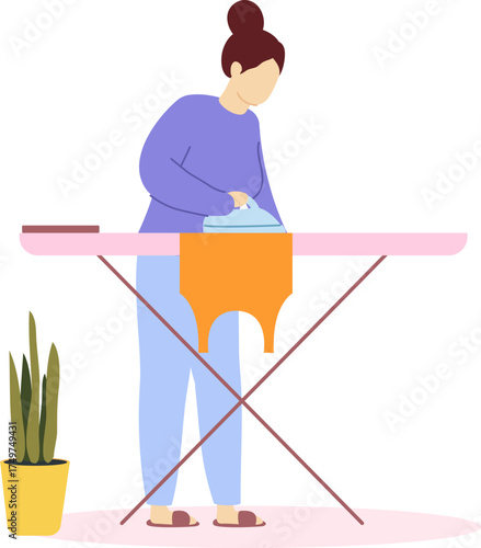 Woman ironing clothes on board at home