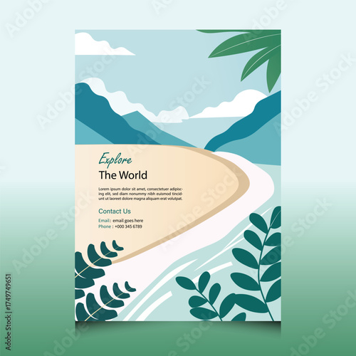Explore the world travel poster with mountains, beach, and plants, perfect for inspiring wanderlust and adventure on your next vacation