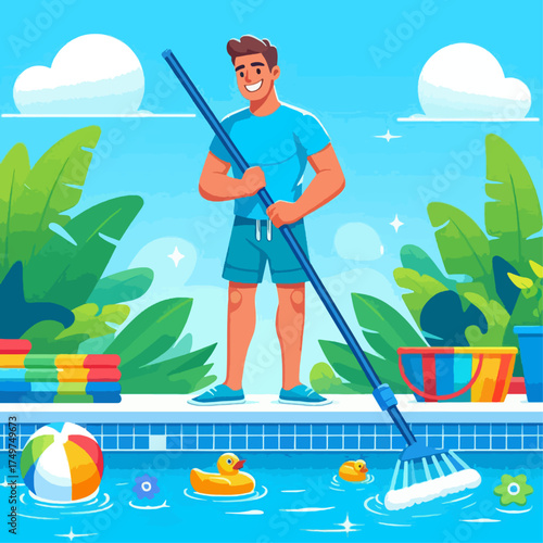 Cheerful man cleaning a backyard swimming pool on a sunny summer day with toys floating in the water.