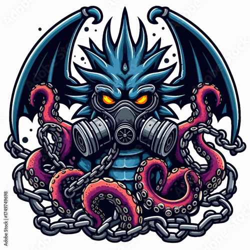 A fearsome blue dragon-like creature with glowing yellow eyes, wearing a gas mask and surrounded by tentacles and chains.