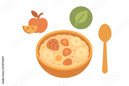 Oatmeal bowl with fresh sliced fruit and spoon ready to eat