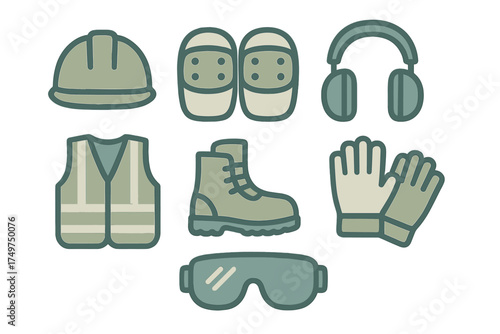 Essential construction and industrial safety equipment icons for workplace protection