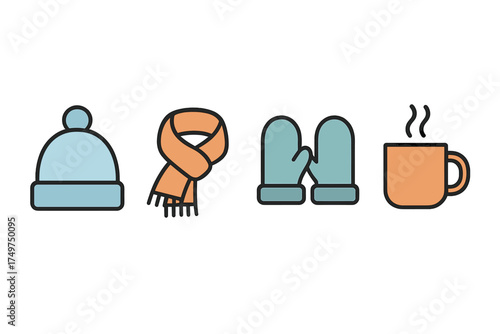 Winter clothing accessories and hot beverage icons collection