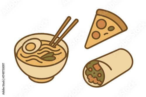 Assortment of popular international fast food icons including ramen, pizza, and burrito
