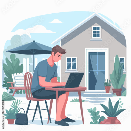 A man working on a laptop at a table in his backyard with a house and plants in the background, enjoying remote work outdoors.