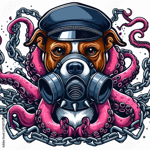 A dog wearing a gas mask and a leather cap, surrounded by chains and tentacles, in a dark, edgy style.