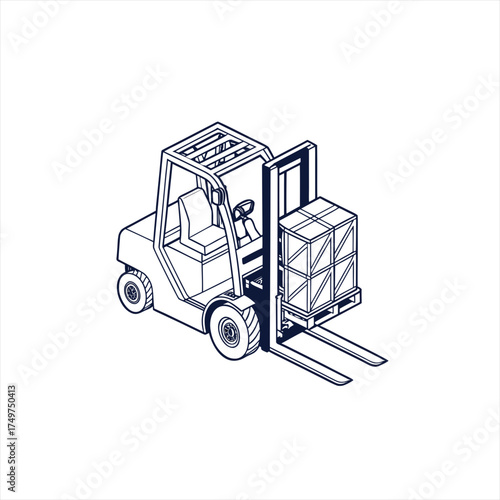 Line art illustration of a forklift truck lifting a wooden crate on a pallet