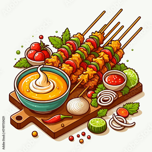 Delicious chicken skewers with colorful vegetables and various dipping sauces served on a wooden board, ready to eat.