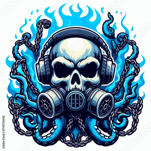 A stylized graphic illustration of a skull wearing headphones and a gas mask, surrounded by blue octopus tentacles, chains, and flames.