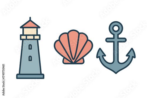 Collection of stylized maritime symbols including lighthouse, shell, and anchor shapes
