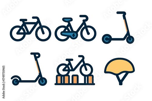 Urban mobility icons featuring bicycle electric scooter and safety helmet