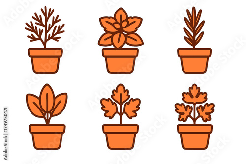 Six simple outline icons of various potted herbs for kitchen and garden design