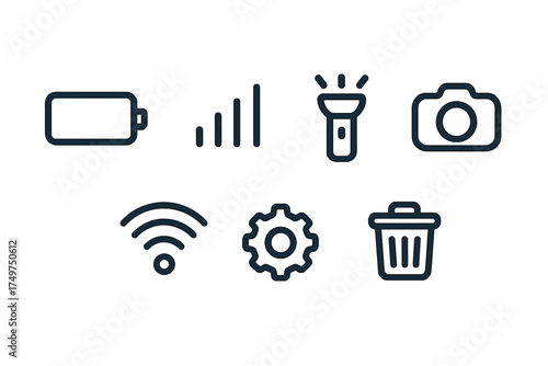 Modern outline icons for mobile device settings and application utilities