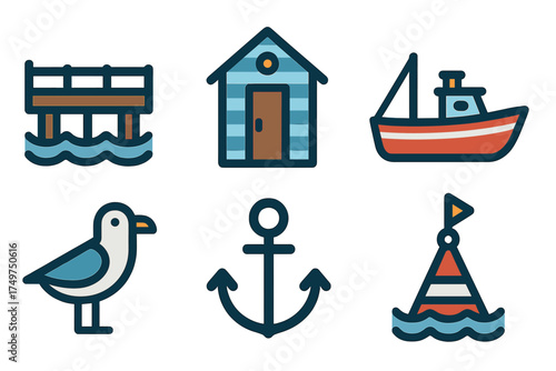 Set of nautical and beach icons including boat, pier, and seagull
