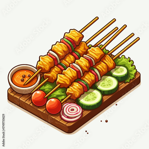 Illustration of delicious chicken satay skewers served on a wooden board with peanut sauce, fresh cucumber, tomatoes, and onions.
