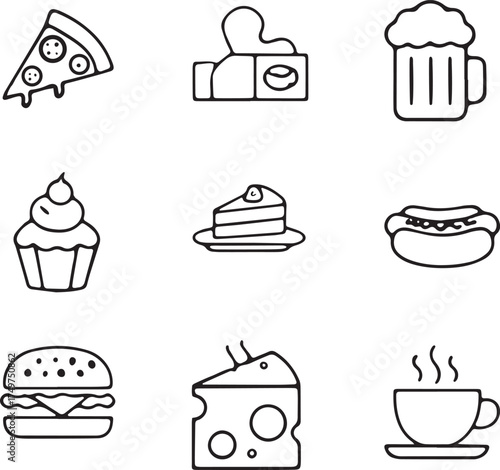 Simple line drawings depict a variety of tempting food and drink items